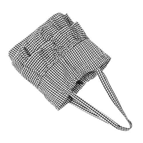 PACKOVE Große Kapazität Karierter Canvas Shopper mit Rüschenbesatz Wiederverwendbare Damen Schultertasche für Alltag Arbeit Urlaub und Einkauf Robuste Leicht zu Reinigende Schwarze von PACKOVE