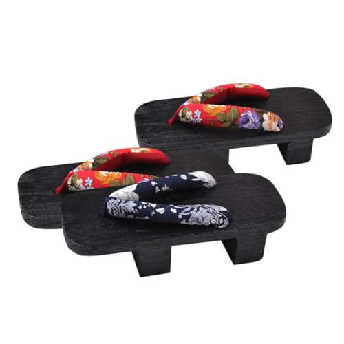 PACKOVE Japanische Clogs Holzsandalen Damen Flops Sommer Plattform Slipper mit Zwei Zähnen Weiß Blau Blumenmuster Schwarze Holzsohle Passend für Fuß von PACKOVE
