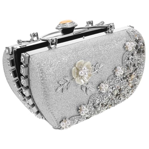 PACKOVE Luxuriöse Abendtasche mit Metallblumen Perlenbesatz Leichte Damen Clutch für Hochzeit Party und Formelle Anlässe Silberfarben Edle Handtasche für Stilvolle Outfits von PACKOVE