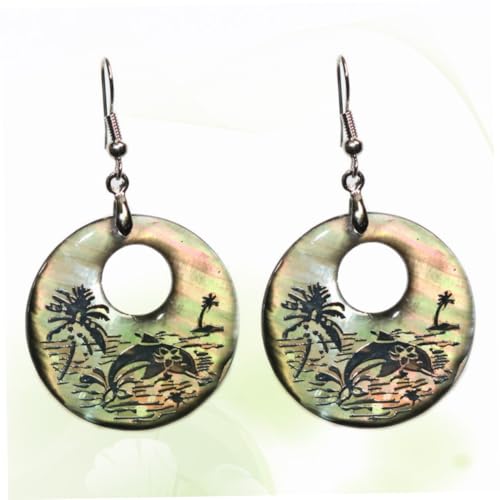 PACKOVE Modische Abalone Muschel Ohrringe Damen Rund Dangler mit Geschnitztem Delfinmotiv Natürliche Langlebige Muschel Attraktives Design Geschenk für Freundin Frau Mutter Vielseitig von PACKOVE