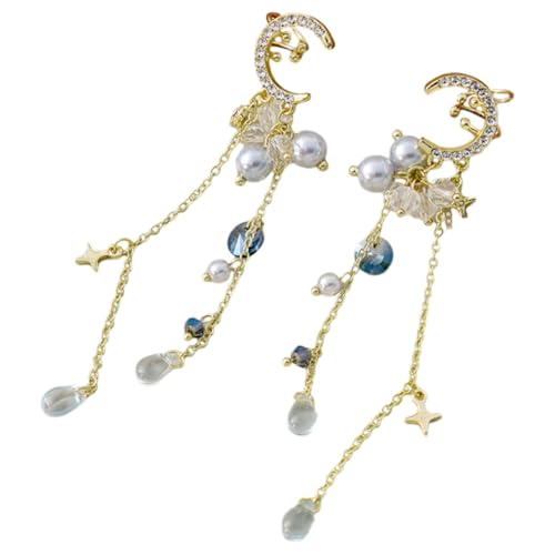 PACKOVE Mond und Stern Ohrringe Damen Clip Ohrclips Piercing Leichte Legierung Asymmetrische Quasten Ketten Langlebig und Vielseitig für Alltag und Party von PACKOVE