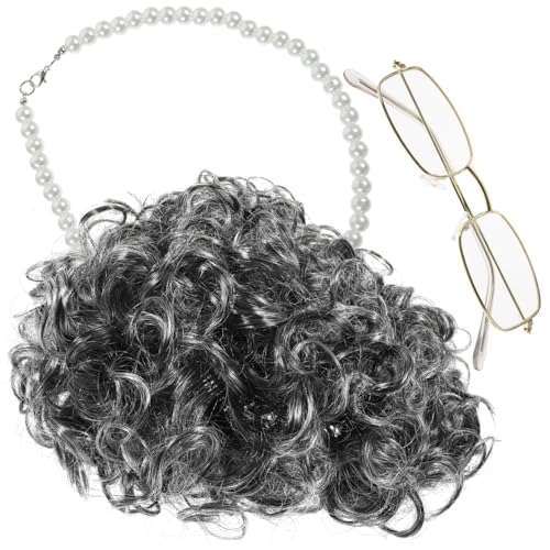 PACKOVE Old Lady Cosplay mit Kurzer Lockiger Perücke Brille und Perlenkette Bequemes Großmutter Kostüm für Party Halloween und Mottoparty Realistische Verkleidung Zubehör von PACKOVE