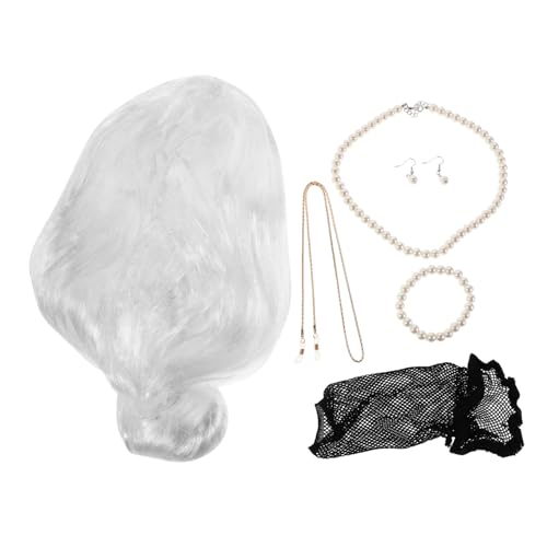 PACKOVE Realistischer Old Lady Perücken-set mit Dutt für Damen Verstellbarem Haarnetz für Halloween Cosplay Themenpartys Inklusive Brillenkette Armband Halskette und Ohrringen von PACKOVE