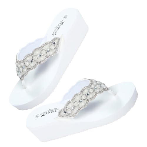 PACKOVE Sommer Damen Sandalen Perlen Wasser Keilabsatz Rutschfeste Strandschuhe Weiß Komfortabel Leicht Ausziehen Strandurlaub von PACKOVE