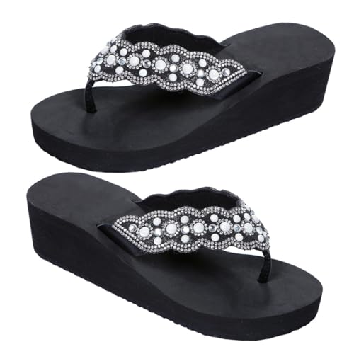 PACKOVE Sommer Damen Strandschuhe mit Perlen und Diamantbesatz Rutschfeste Sandalen mit Absatz Bequeme Leichte Flops für Strand und Freizeit Schwarz von PACKOVE