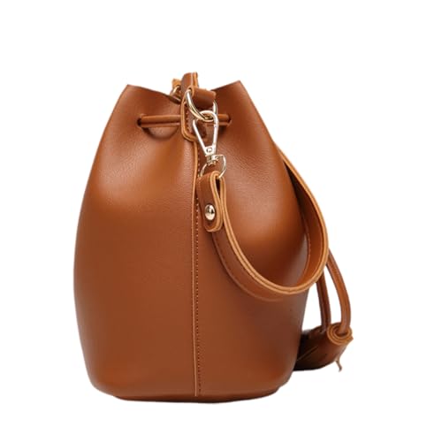 PACKOVE Stylische Damen Umhängetasche Wasserfeste Bucket Bag aus Kunstmaterial mit Quaste Verstellbarem Tragegurt und Kordelzug Kleine Handtasche für Alltag Arbeit und Freizeit Braun von PACKOVE