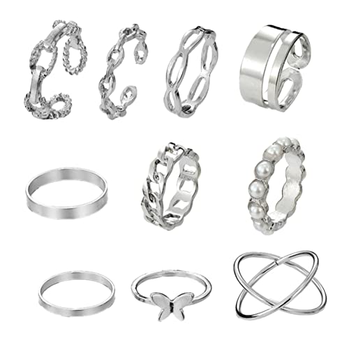 PACKOVE Teiliges Stapelbare Silberne Modeschmuck Ringe mit Perlen und Schmetterlingsdesign Verstellbare Fingerringe für Damen Eleganter Knöchel und Fingerschmuck Vielseitig Kombinierbar von PACKOVE