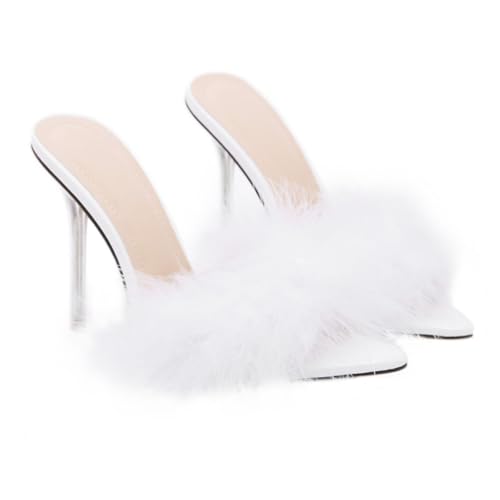 PACKOVE Transparente Damen High Heels Slippers mit Spitzem Zeh Dünnem Absatz Flauschigem Design Modisch und Angenehm für Party Sommer und Alltag Weiß von PACKOVE
