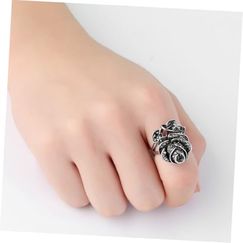 PACKOVE Vintage Schwarzer Rosenring Mehrlagig mit Funkelnden Diamanten Verziert Eleganter Blütenring für Damen Ausgefallener Schmuck für Besondere Anlässe und Alltag von PACKOVE