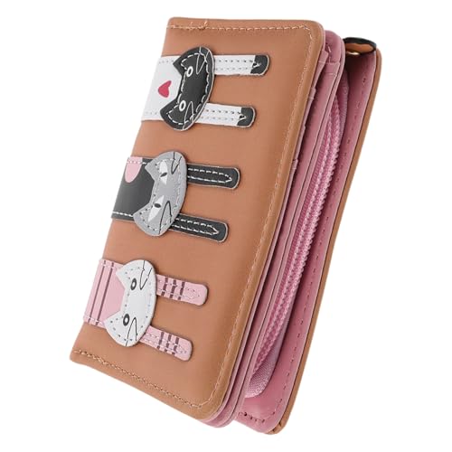 PACKOVE Weiches Kunstleder Bifold Geldbörse mit Süßem Katzenmotiv Sicherer Reißverschluss und Druckknopf Kompakter Kartenhalter für Frauen und Mädchen Leichtes Portemonnaie für Schule und von PACKOVE