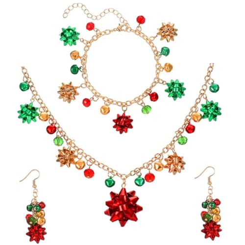PACKOVE Weihnachtsschmuck Set Damen Weihnachts Ohrringe mit Glöckchen Bunte Blumen Halskette und Armband Festliches Party Accessoire Langlebig und Stilvoll für Weihnachtsfeiern von PACKOVE