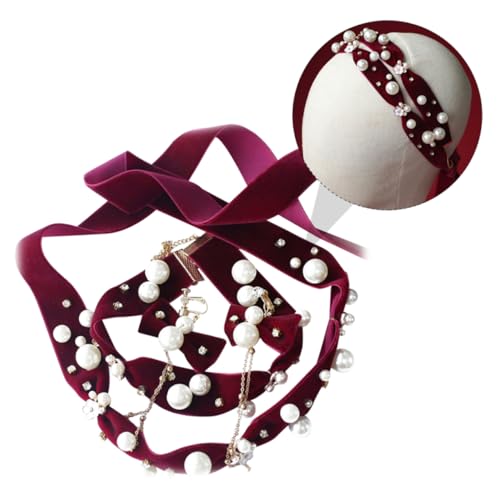 PACKOVE Weinrotes Samt Haarband mit Perlenbesatz Modisches Haarschmuck Set für Damen Stirnband Halskette und Ohrringe Vielseitig für Hochzeit Party und Alltag Geeignet von PACKOVE