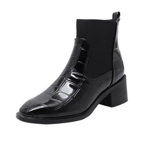 PACKOVE Winter Damen Stiefeletten mit Chunky Absatz Alligator Prägung Boots Bequeme Herbst und Winter Schuhe Modisch für Arbeit Party und Freizeit Schwarz von PACKOVE