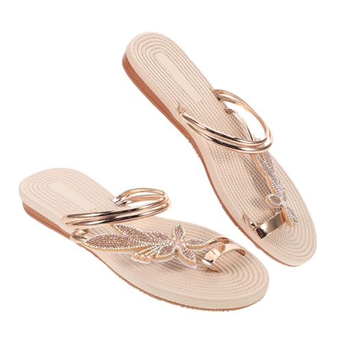 PACKOVE Zehenring-sandalen Im Boho-blatt-stil Für Damen – Bequeme Flache Strandpantoffeln – Weiche Sommersandalen Mit Schmucksteinen Für Reisen Und Freizeit von PACKOVE