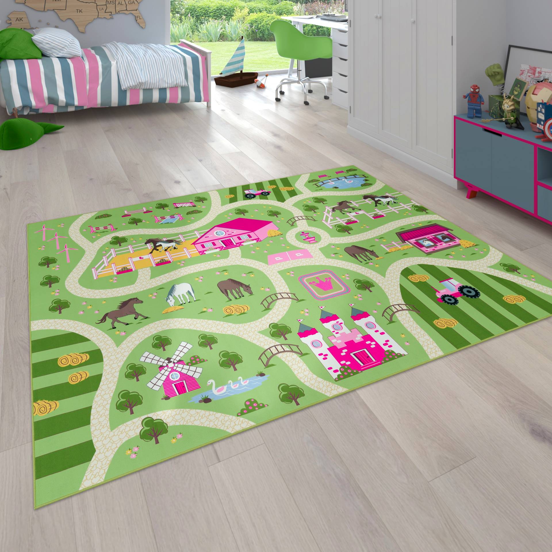 Paco Home Kinderteppich "Bino 560" rechteckig 4 mm Höhe Kurzflor, Straßen-Spiel-Teppich, Motiv Bauernhof, Kinderzimmer von PACO HOME