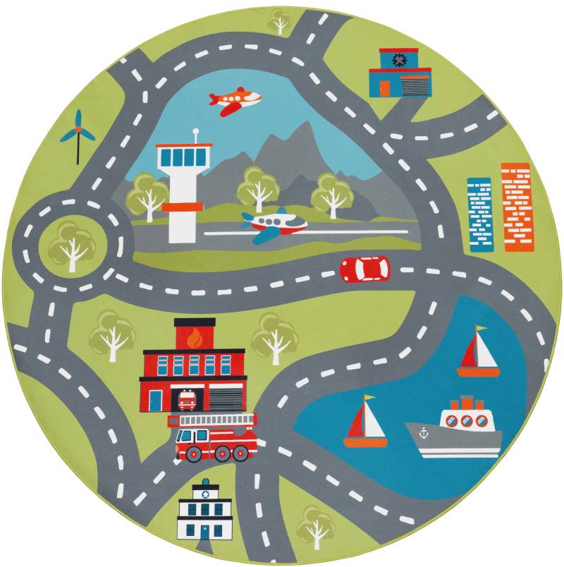 Paco Home Kinderteppich "Bino 562" rund 4 mm Höhe Kurzflor, Straßen-Spiel-Teppich, Motiv Flughafen, Kinderzimmer von PACO HOME