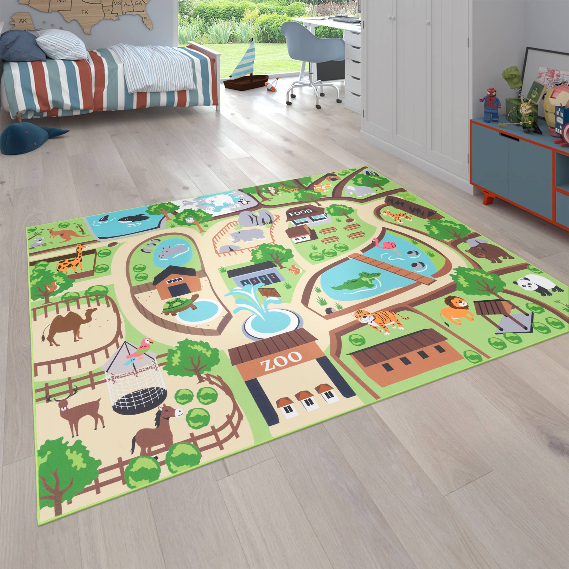 Paco Home Kinderteppich "Bino 563", rechteckig, Kurzflor, Straßen-Spiel-Teppich, Motiv Zoo, Kinderzimmer von PACO HOME