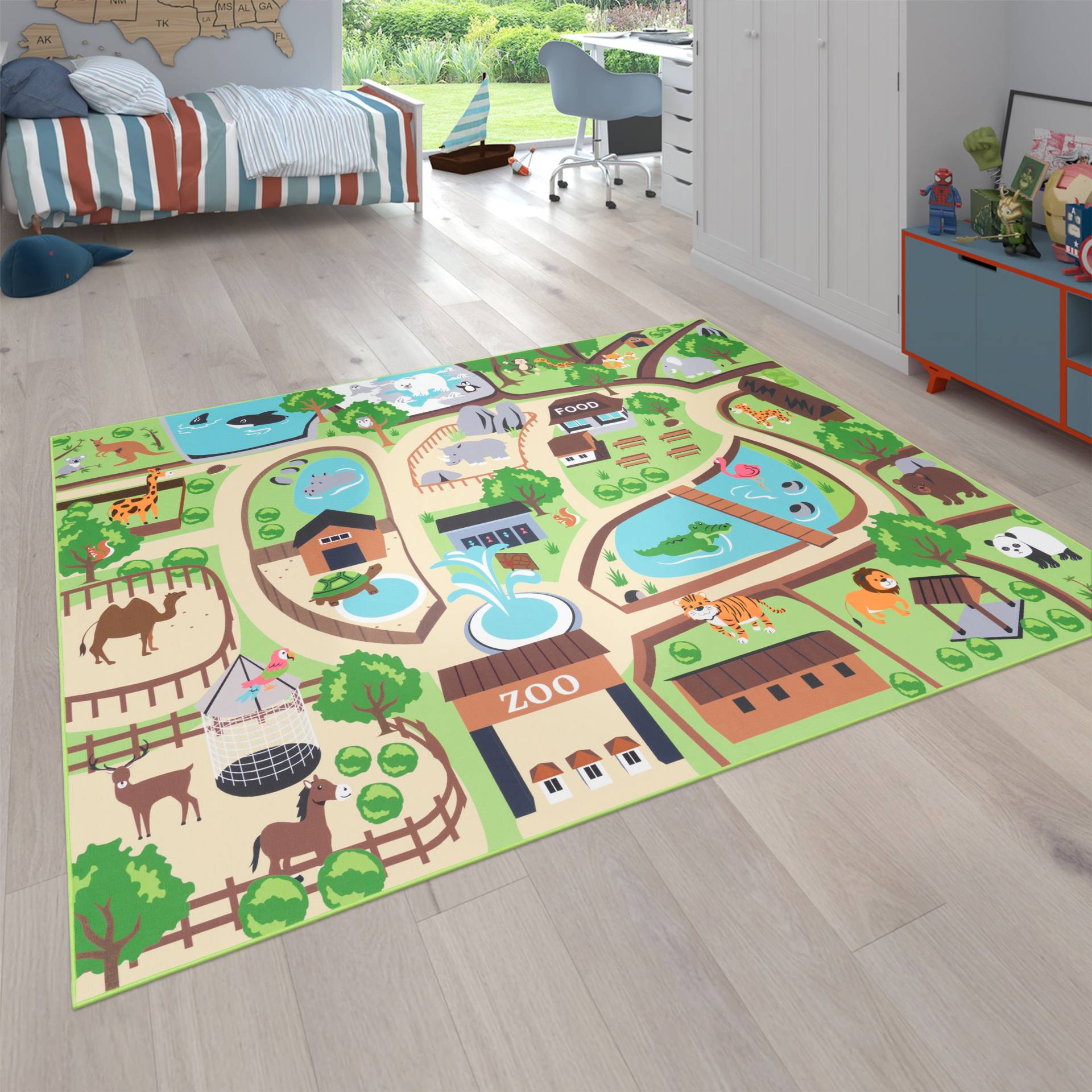 Paco Home Kinderteppich "Bino 563" rechteckig 4 mm Höhe Kurzflor, Straßen-Spiel-Teppich, Motiv Zoo, Kinderzimmer von PACO HOME