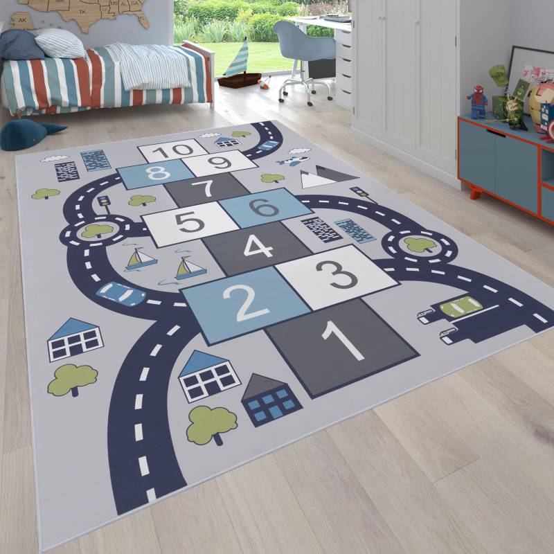 Paco Home Kinderteppich "Bino 565" rechteckig 4 mm Höhe Kurzflor, Straßen-Spiel-Teppich & Spielmotiv Hüpfkästchen von PACO HOME