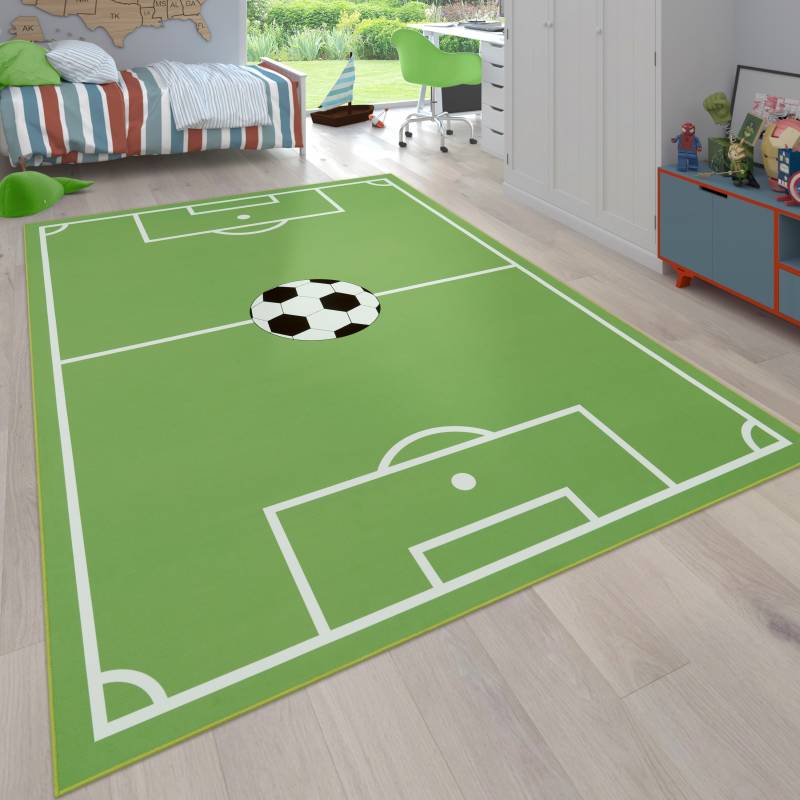 Paco Home Kinderteppich "Bino 568" rechteckig 4 mm Höhe Kurzflor, Spiel-Teppich, Motiv Fußballfeld, Kinderzimmer von PACO HOME
