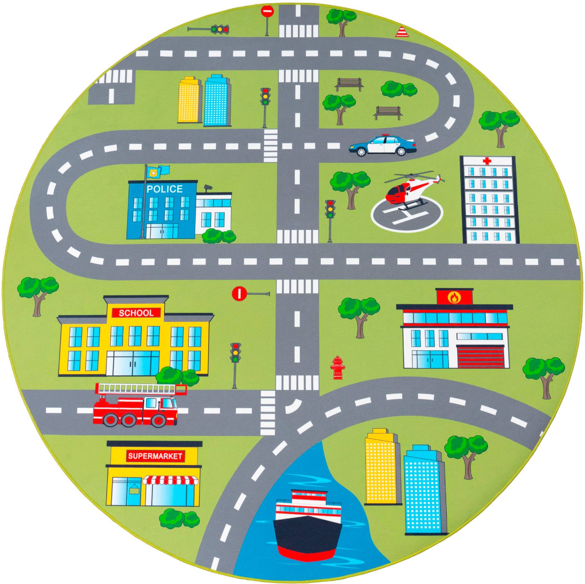 Paco Home Kinderteppich "Bino 570" rund 4 mm Höhe Kurzflor, Straßen-Spiel-Teppich, Kinderzimmer von PACO HOME