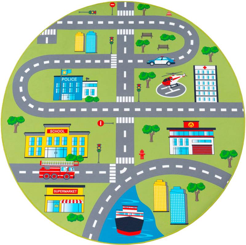 Paco Home Kinderteppich "Bino 570" rund 4 mm Höhe Kurzflor, Straßen-Spiel-Teppich, Kinderzimmer von PACO HOME