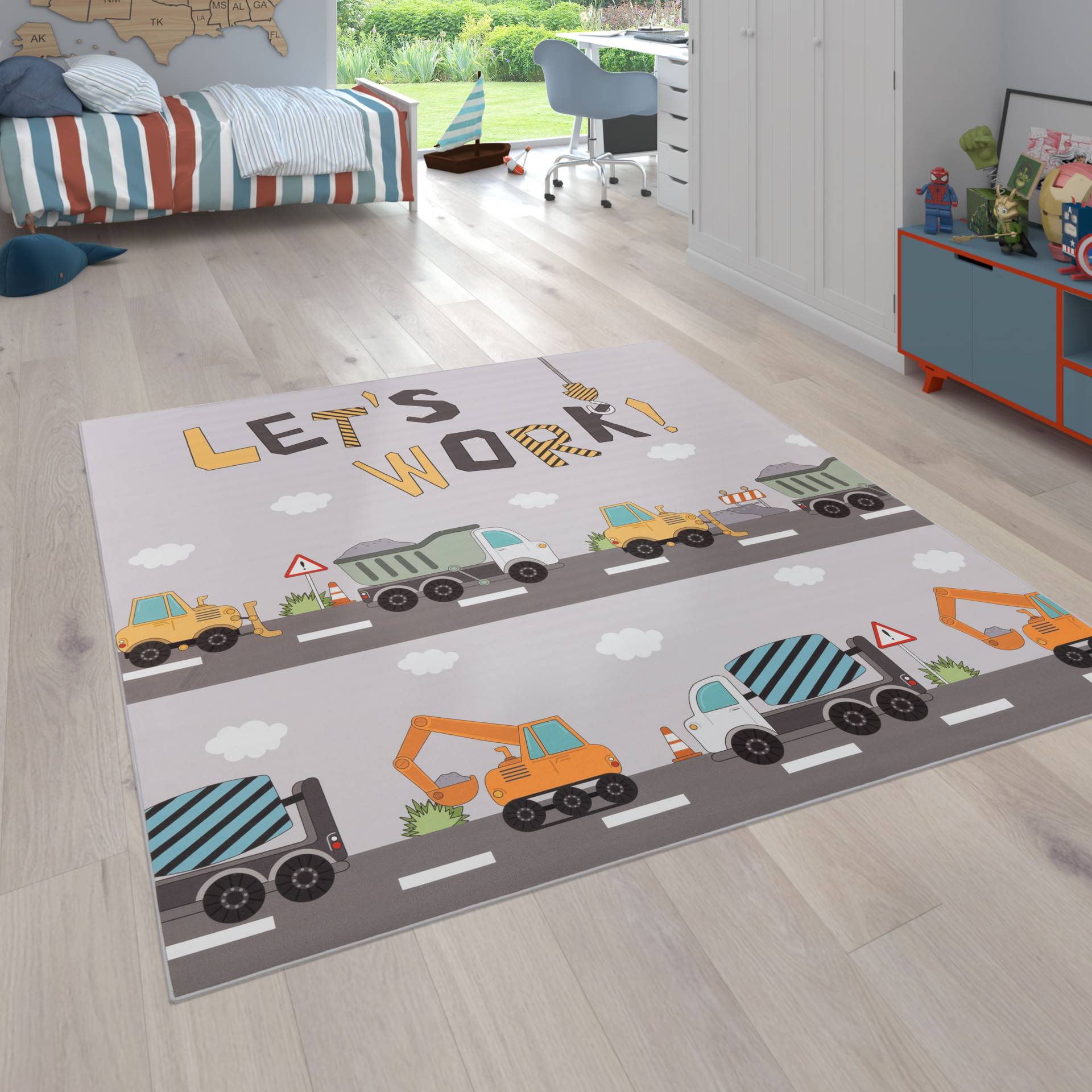 Paco Home Kinderteppich "Bino 578" rechteckig 4 mm Höhe Spielteppich, Motiv Autos & Baustelle, Kinderzimmer von PACO HOME