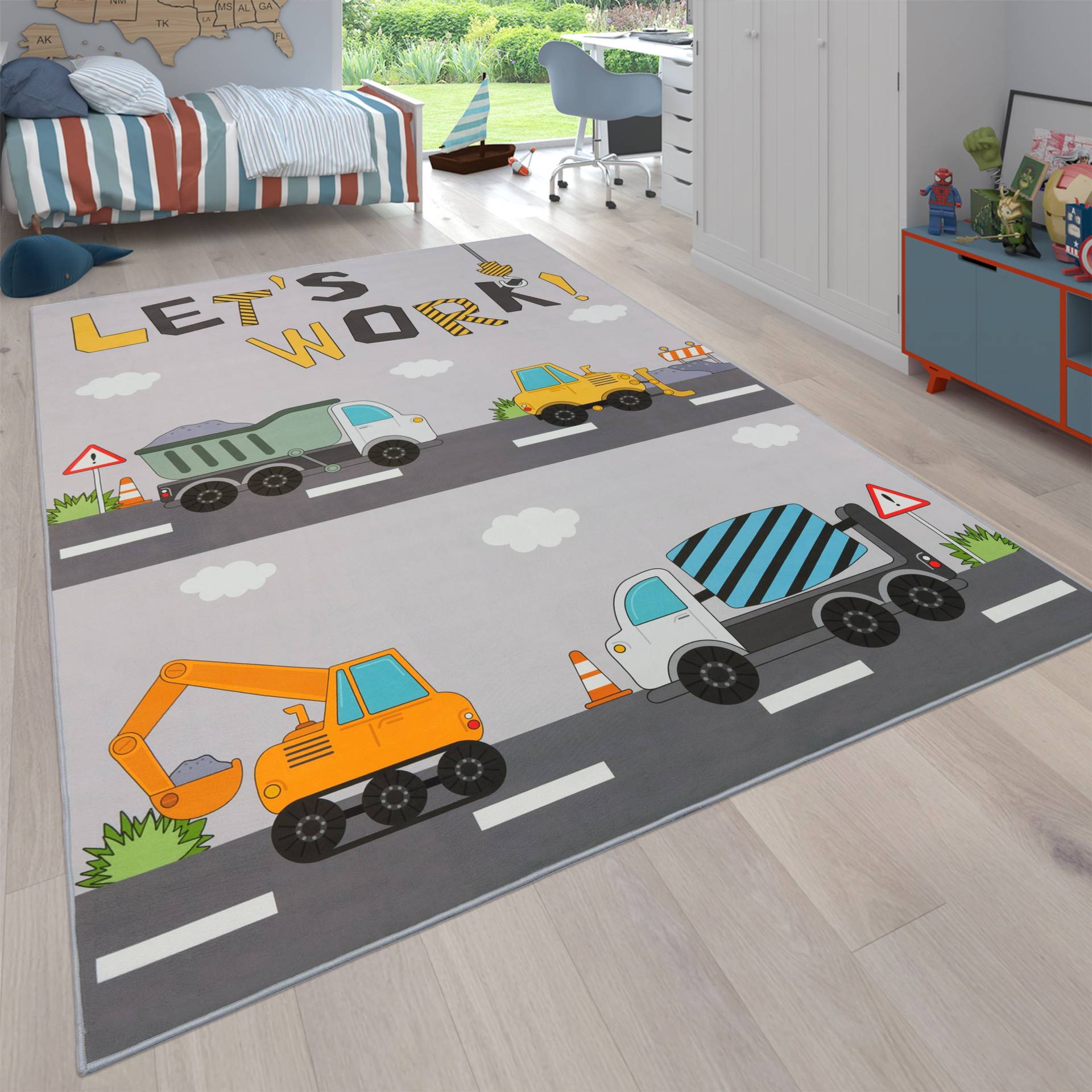 Paco Home Kinderteppich "Bino 578" rechteckig 4 mm Höhe Spielteppich, Motiv Autos & Baustelle, Kinderzimmer von PACO HOME