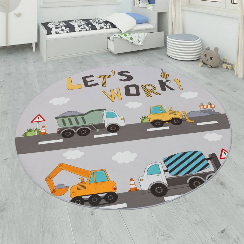 Paco Home Kinderteppich "Bino 578" rund 4 mm Höhe Spielteppich, Motiv Autos & Baustelle, Kinderzimmer von PACO HOME