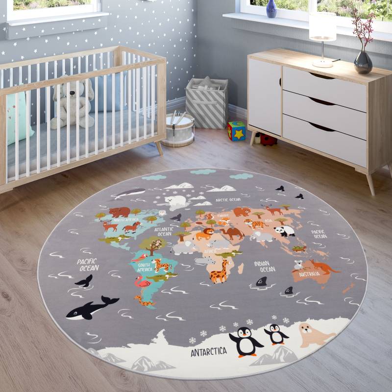 Paco Home Kinderteppich "Bino 581" rund 4 mm Höhe Spielteppich, Motiv Weltkarte & Tiere, Kinderzimmer von PACO HOME