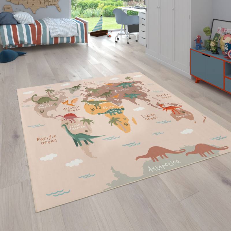 Paco Home Kinderteppich "Bino 583" rechteckig 4 mm Höhe Spielteppich, Motiv Weltkarte & Dinosaurier, Kinderzimmer von PACO HOME