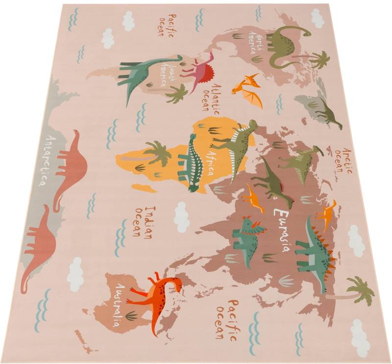 Paco Home Kinderteppich "Bino 583" rechteckig 4 mm Höhe Spielteppich, Motiv Weltkarte & Dinosaurier, Kinderzimmer von PACO HOME