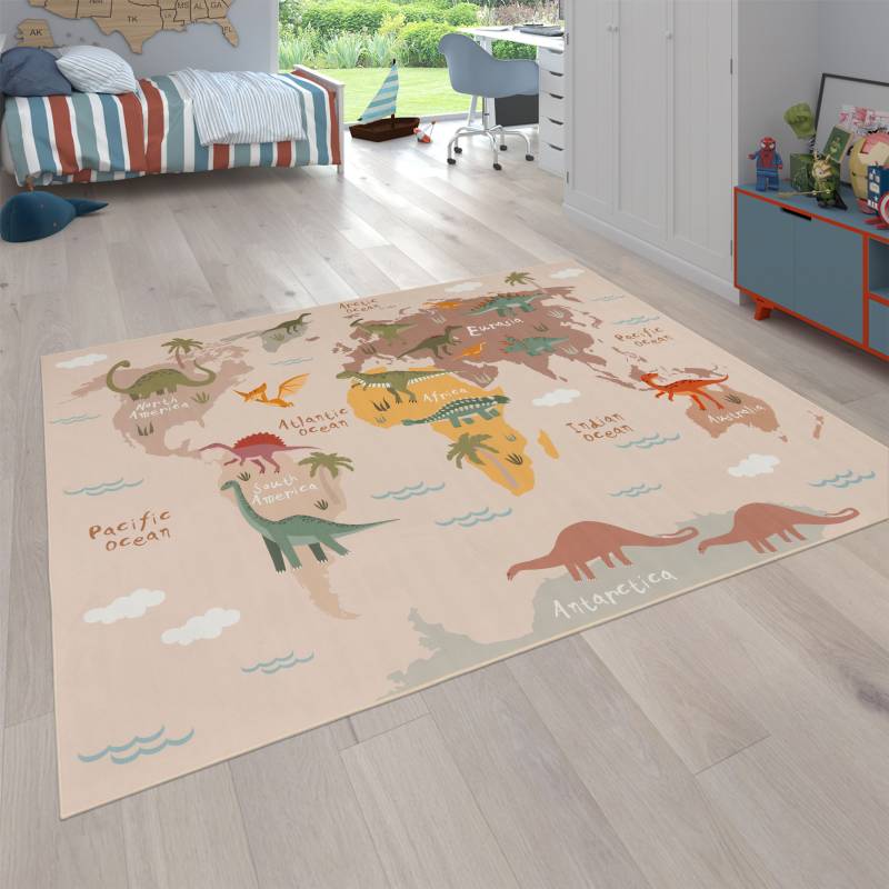 Paco Home Kinderteppich "Bino 583" rechteckig 4 mm Höhe Spielteppich, Motiv Weltkarte & Dinosaurier, Kinderzimmer von PACO HOME