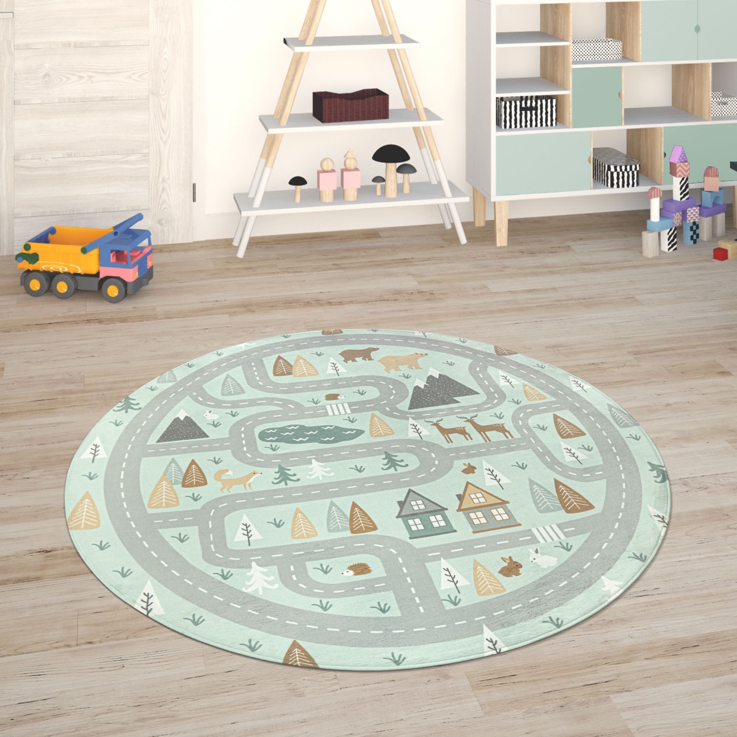 Paco Home Kinderteppich "Chicos 550" rund 2 mm Höhe Flachgewebe, Straßen-Spiel-Teppich, Kinderzimmer von PACO HOME
