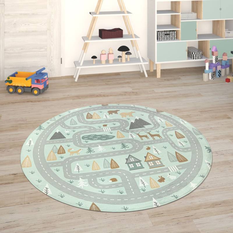 Paco Home Kinderteppich "Chicos 550" rund 2 mm Höhe Flachgewebe, Straßen-Spiel-Teppich, Kinderzimmer von PACO HOME