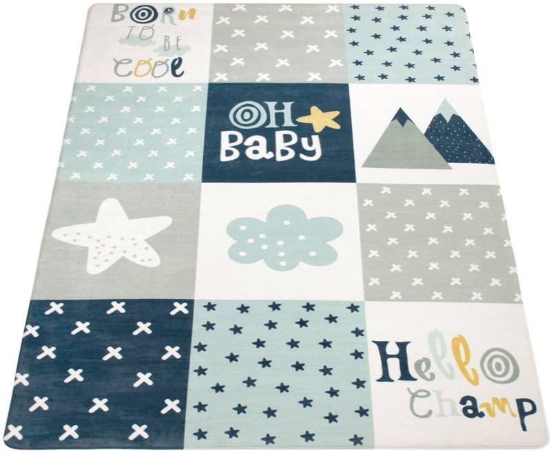 Paco Home Kinderteppich "Chicos 554" rechteckig 2 mm Höhe Flachgewebe, mit Schriftzug & Regenbogen oder Sternen, Pastell-Farben von PACO HOME