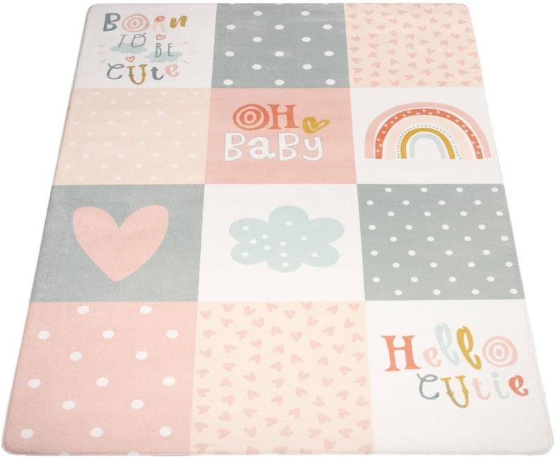 Paco Home Kinderteppich "Chicos 554" rechteckig 2 mm Höhe Flachgewebe, mit Schriftzug & Regenbogen oder Sternen, Pastell-Farben von PACO HOME