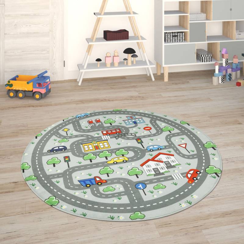 Paco Home Kinderteppich "Chicos 559" rund 2 mm Höhe Flachgewebe, Straßen-Spiel-Teppich, Kinderzimmer von PACO HOME