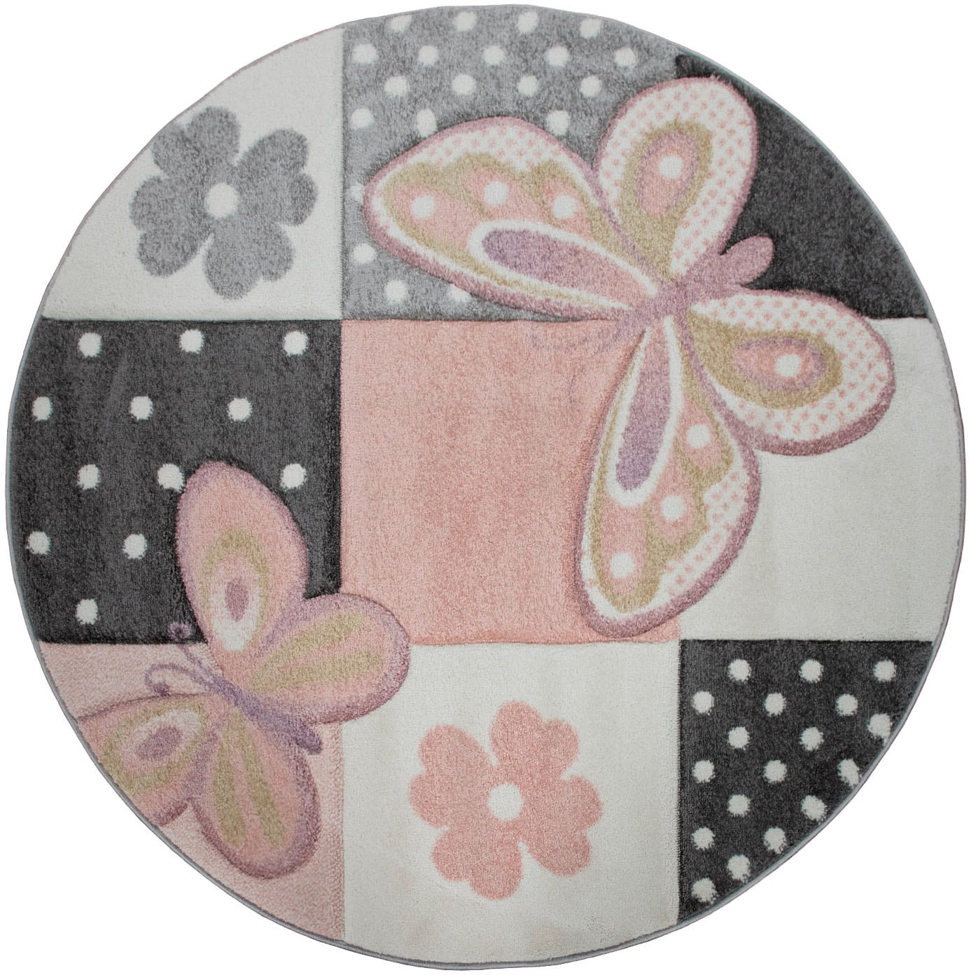 Paco Home Kinderteppich "Cosmo 220" rund 18 mm Höhe 3D-Design, Patchwork Muster, niedliches Motiv Schmetterlinge & Punkte von PACO HOME