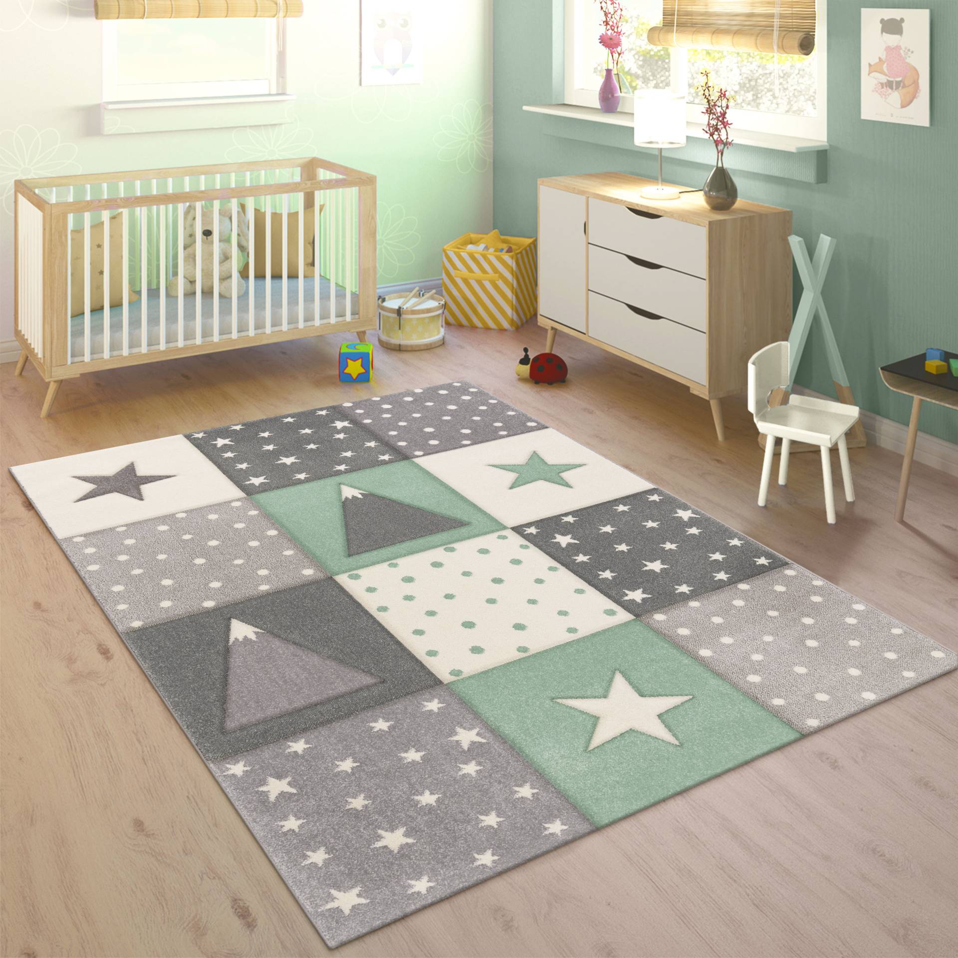 Paco Home Kinderteppich "Cosmo 340", rechteckig, Kurzflor, Pastell-Farben, 3D Effekt, Motiv Berge, Punkte & Sterne von PACO HOME