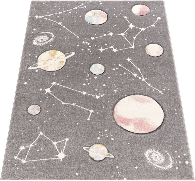 Paco Home Kinderteppich "Cosmo 347" rechteckig 12 mm Höhe 3D-Design, Motiv Weltraum, Kinderzimmer von PACO HOME