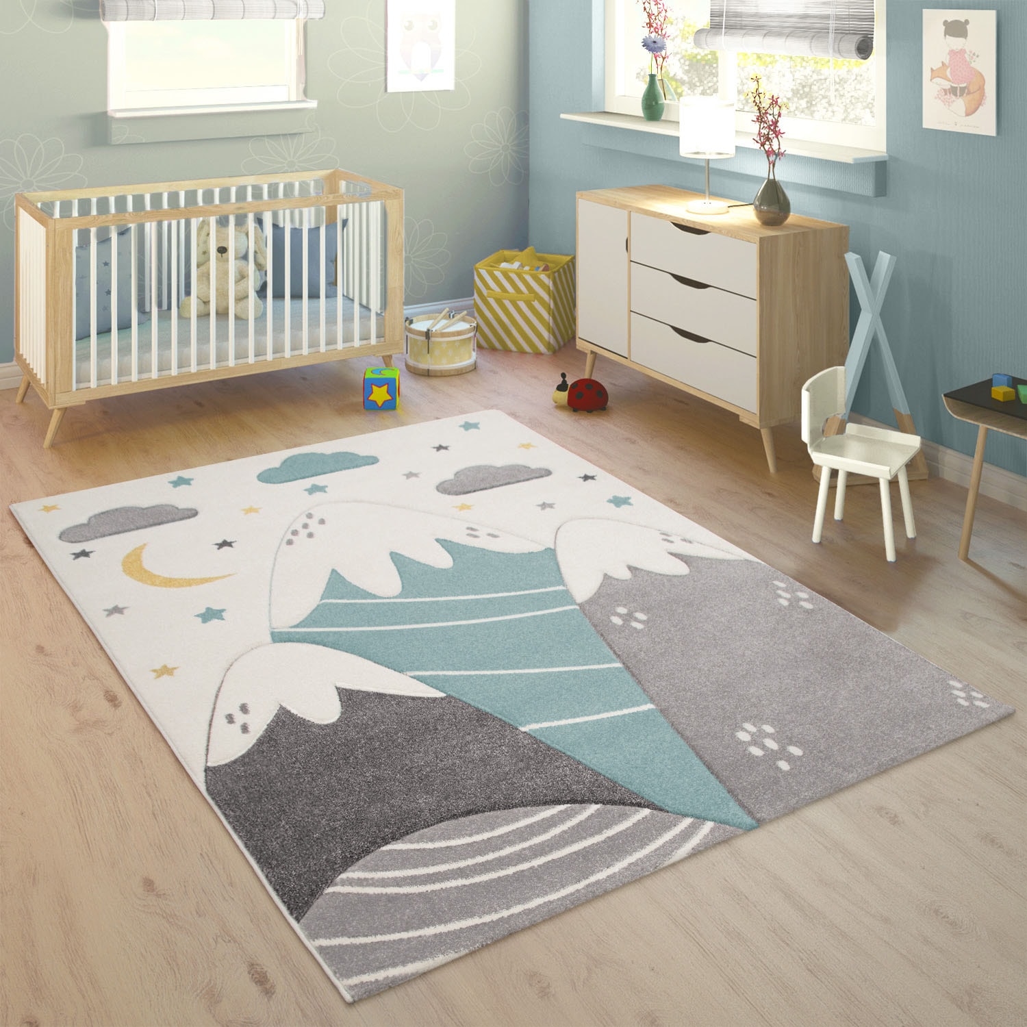 Paco Home Kinderteppich "Cosmo 707" rechteckig 13 mm Höhe 3D-Design, niedliches Motiv Berge & Sterne, Pastell-Farben von PACO HOME