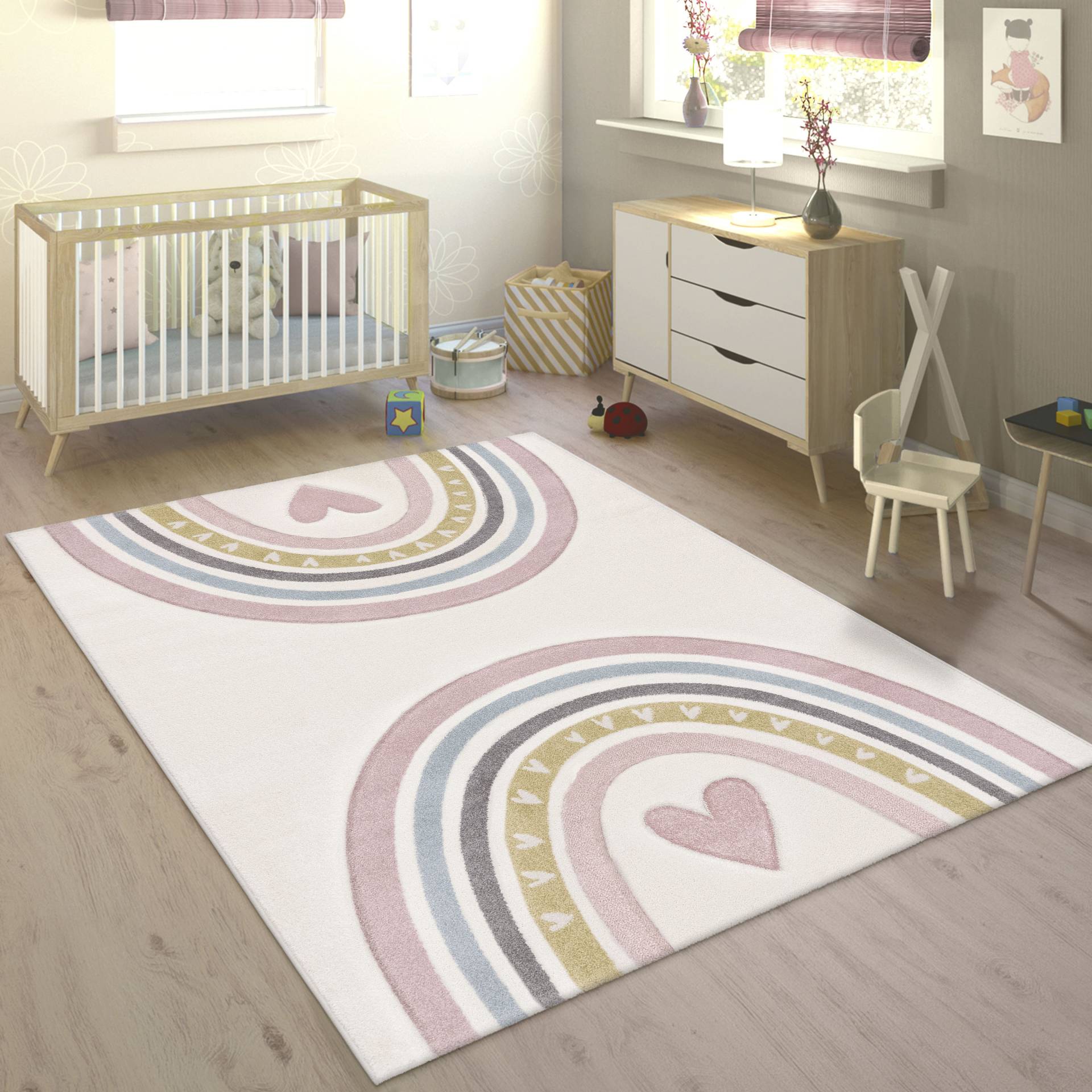 Paco Home Kinderteppich "Cosmos 351" rechteckig 16 mm Höhe Kurzflor, Spielteppich, Motiv Regenbogen & Herz, Kinderzimmer von PACO HOME