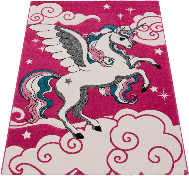 Paco Home Kinderteppich "Diamond 640" rechteckig 16 mm Höhe 3D-Design, Motiv Einhorn & Sterne, Kinderzimmer von PACO HOME