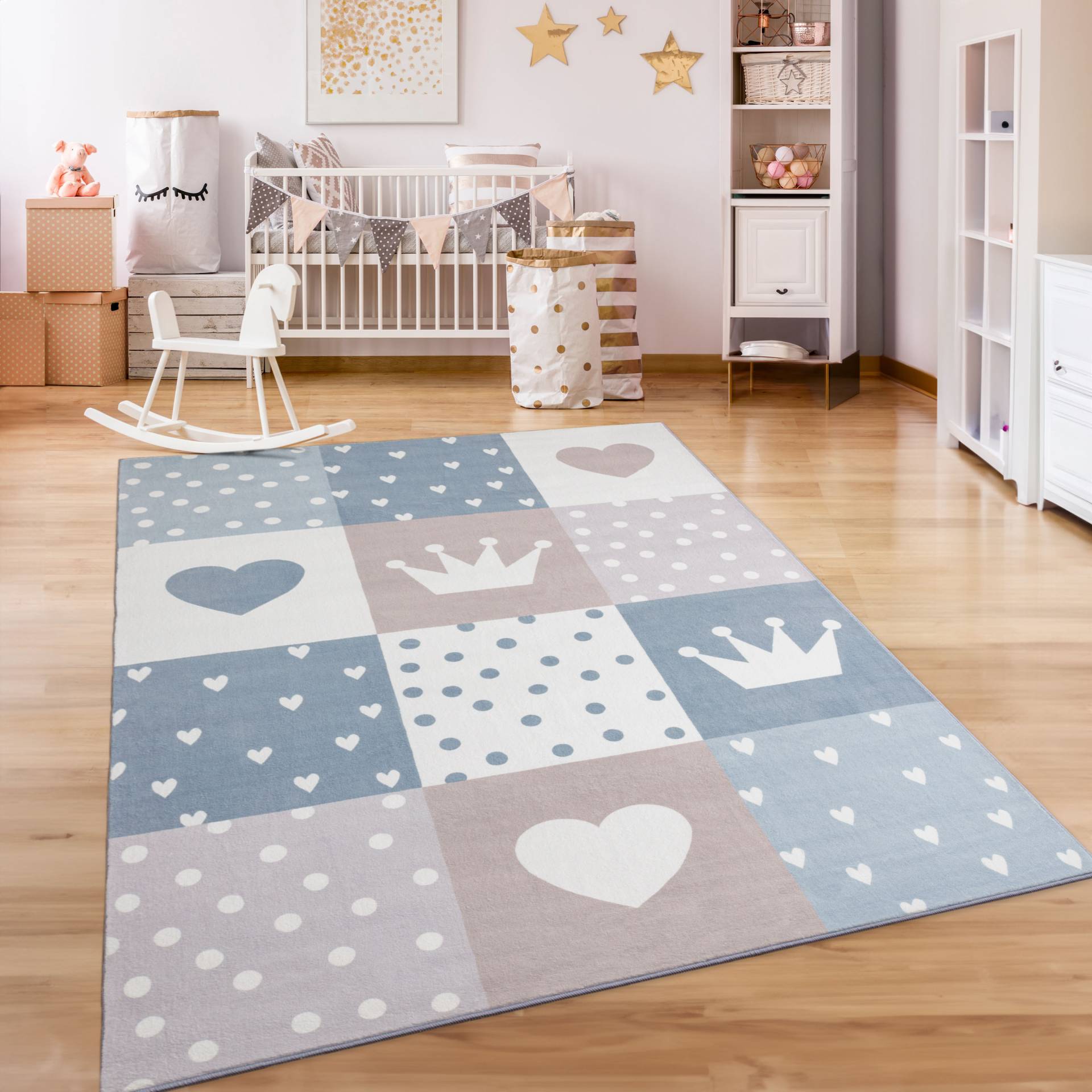 Paco Home Kinderteppich "Eliz 391", rechteckig, Kurzflor, Spielteppich, Patchwork-Muster, Motiv Krone, Herz & Punkte von PACO HOME