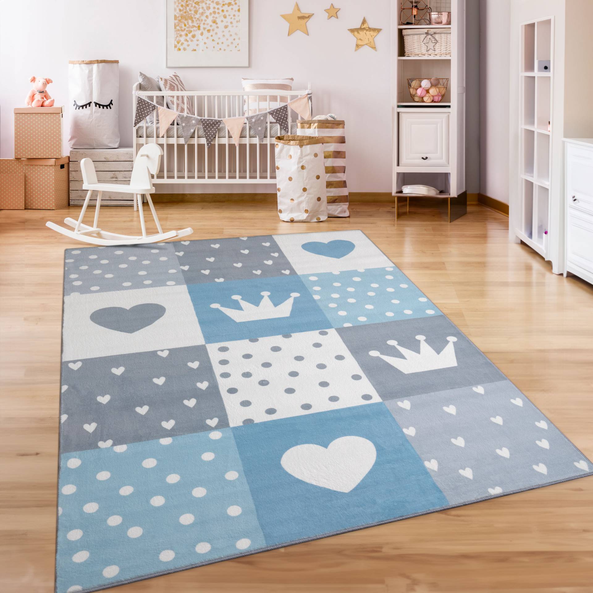 Paco Home Kinderteppich "Eliz 391", rechteckig, Kurzflor, Spielteppich, Patchwork-Muster, Motiv Krone, Herz & Punkte von PACO HOME