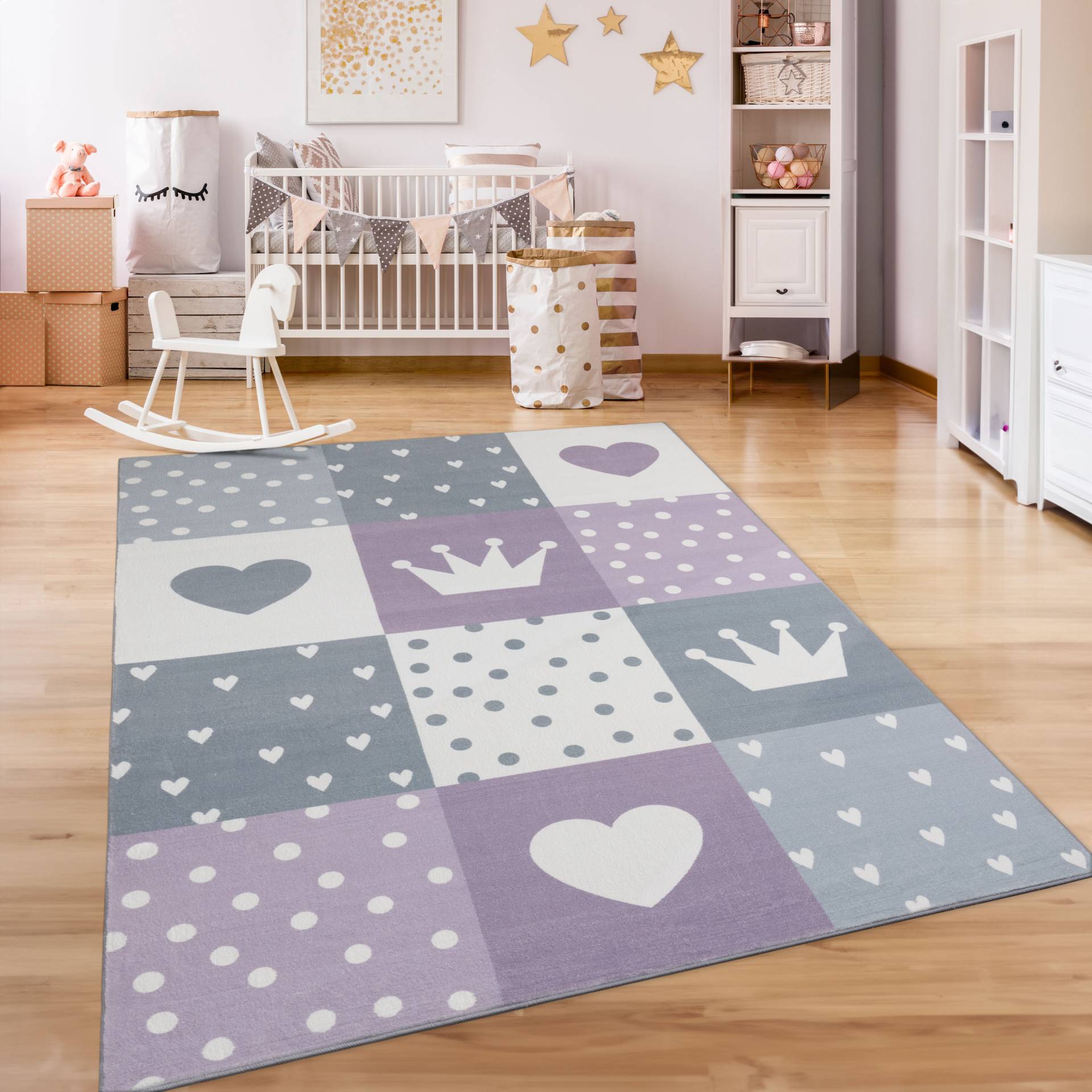 Paco Home Kinderteppich "Eliz 391", rechteckig, Kurzflor, Spielteppich, Patchwork-Muster, Motiv Krone, Herz & Punkte von PACO HOME