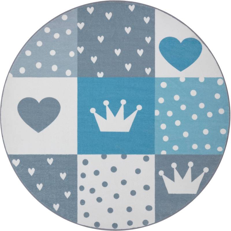 Paco Home Kinderteppich "Eliz 391" rund 12 mm Höhe Kurzflor, Spielteppich, Patchwork-Muster, Motiv Krone, Herz & Punkte von PACO HOME