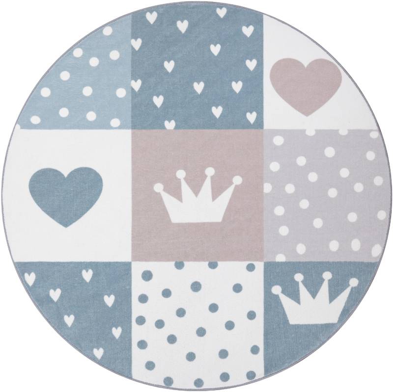 Paco Home Kinderteppich "Eliz 391" rund 12 mm Höhe Kurzflor, Spielteppich, Patchwork-Muster, Motiv Krone, Herz & Punkte von PACO HOME