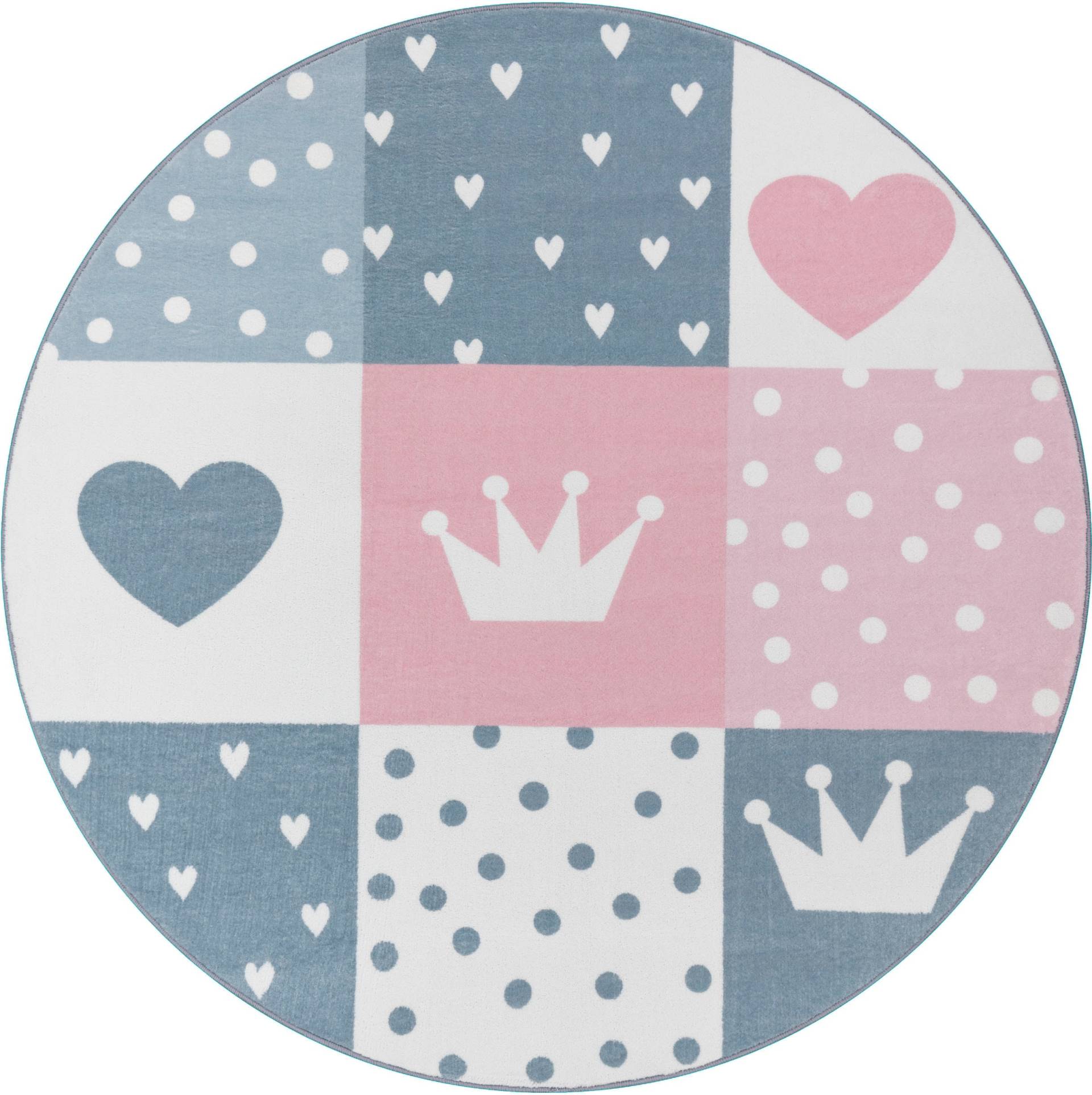 Paco Home Kinderteppich "Eliz 391" rund 12 mm Höhe Kurzflor, Spielteppich, Patchwork-Muster, Motiv Krone, Herz & Punkte von PACO HOME